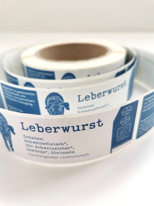 Lebensmitteletiketten können Sie mehrfarbig oder einfarbig bedrucken lassen Lebensmittelaufkleber für Leberwurst