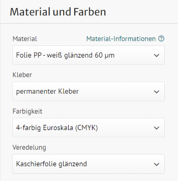 Screenshot Kalkulator Chemie-Etikett aus Folie mit Kaschierfolie