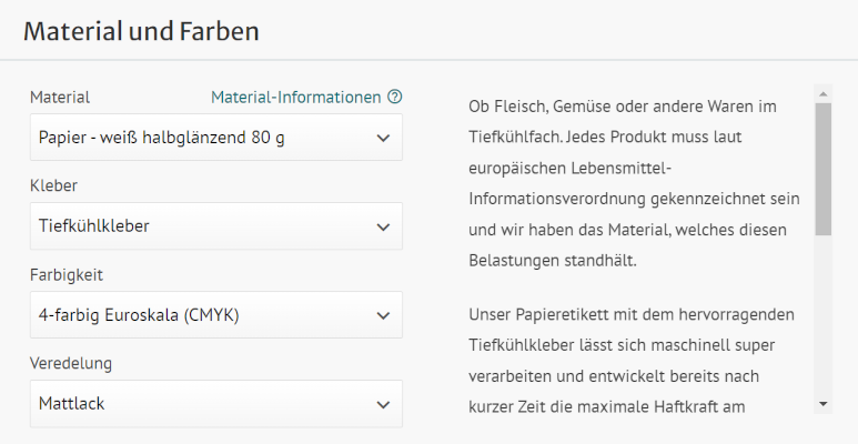 Screenshot Kalkulator für Chemie-Etikett mit Tiefkühlkleber