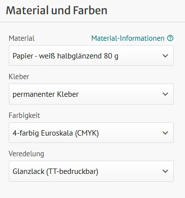 Beispiel-Konfiguration im Kalkulator Beispiel-Ansicht einer Etikettenkonfiguration