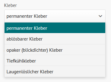 Preview für die Auswahl an Klebern im Kalkulator